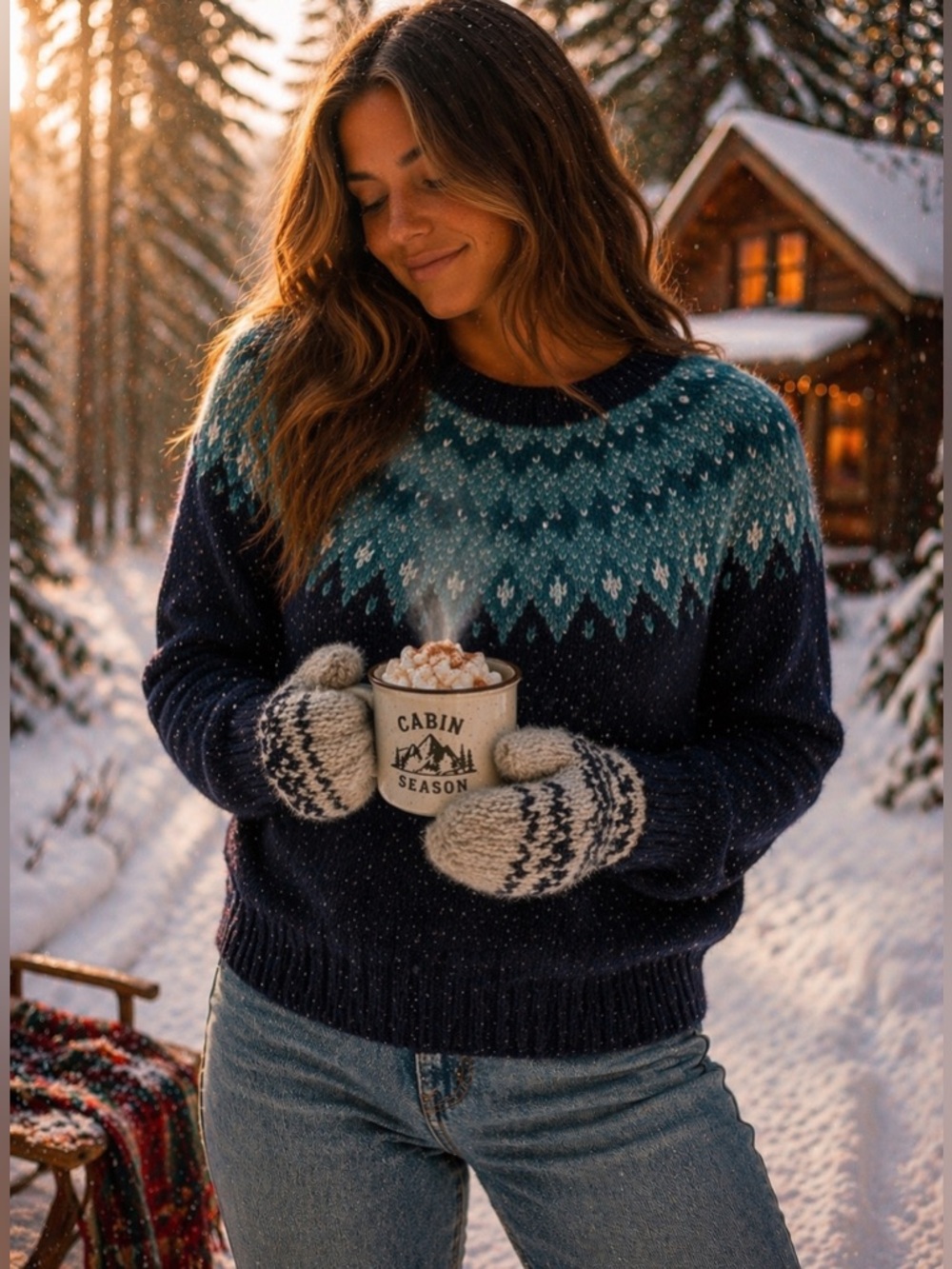 Wind River Fair Isle Sweater Size L Navy Teal Nordic Cozy Winter Knit